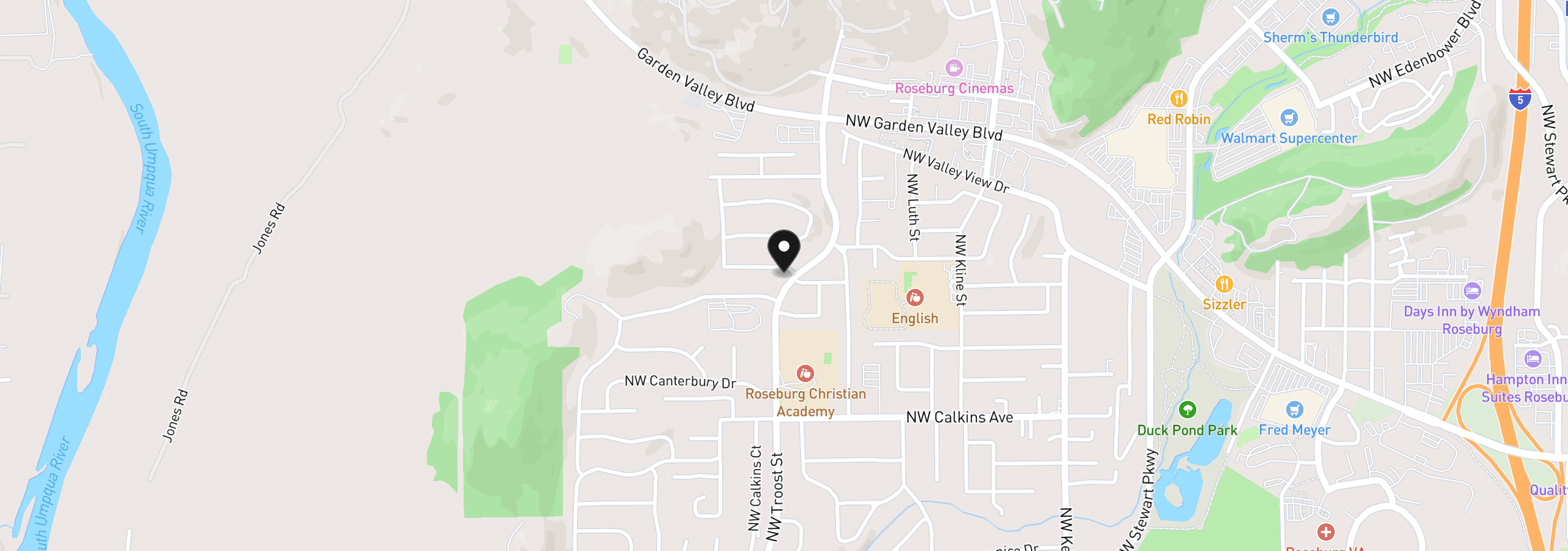 Map showing the location of 2025 NW Delridge Ave, Roseburg, OR 97471