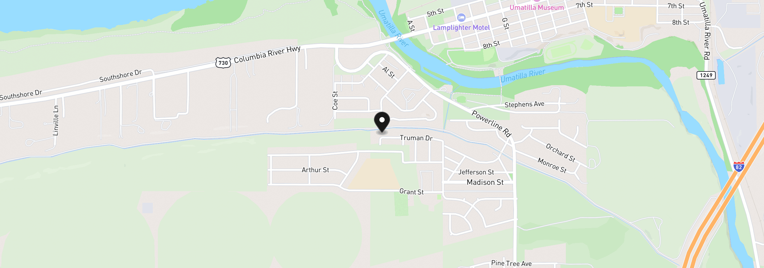 Map showing the location of 225 Truman Dr, Umatilla, OR 97882