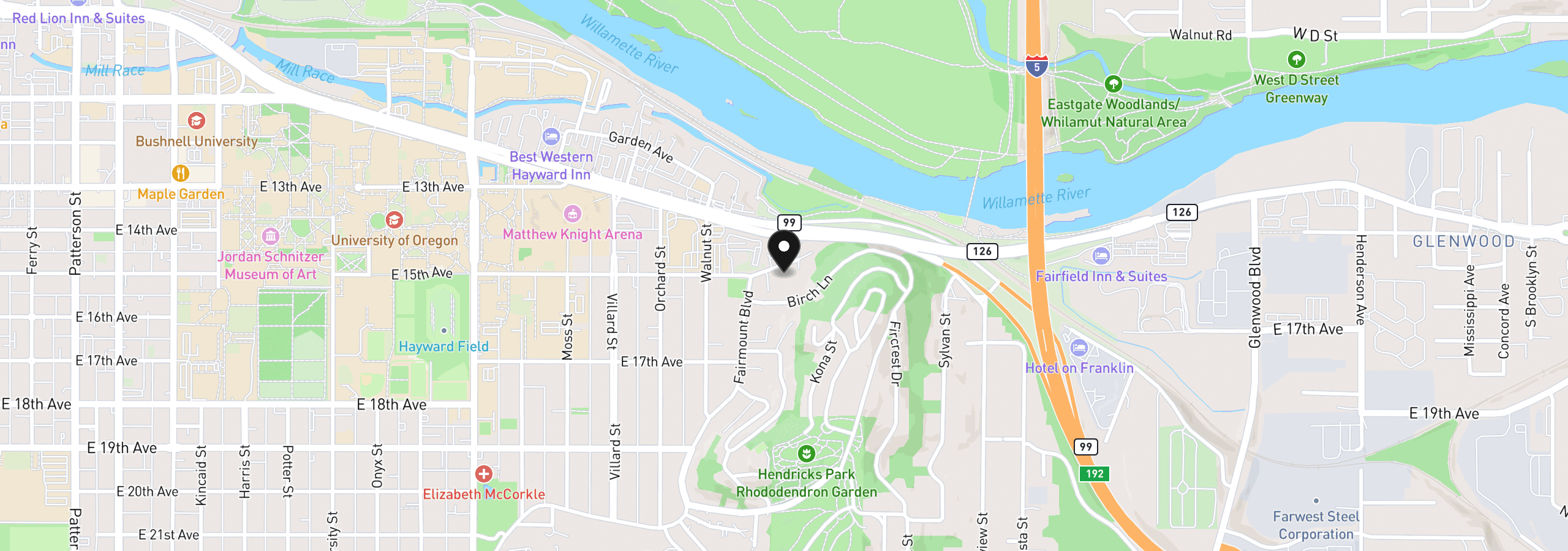 Map showing the location of 2260 E 15th Ave, Eugene, OR 97403