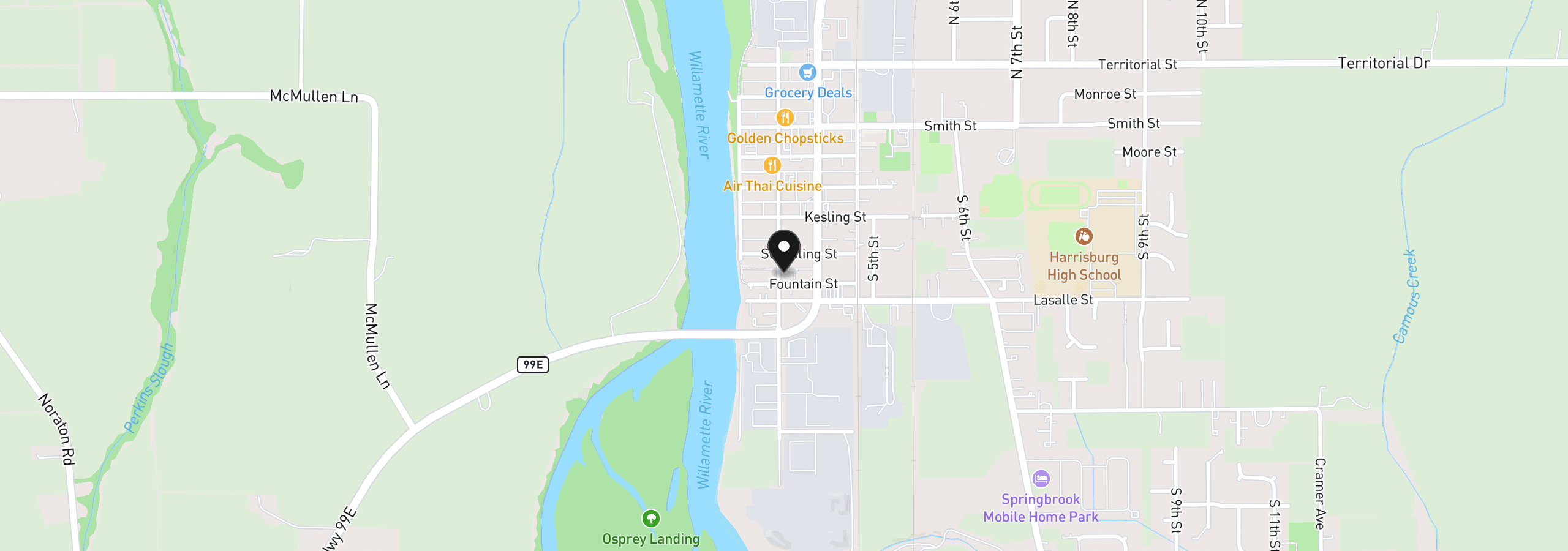 Map showing the location of 575 S 2nd St, Harrisburg, OR 97446