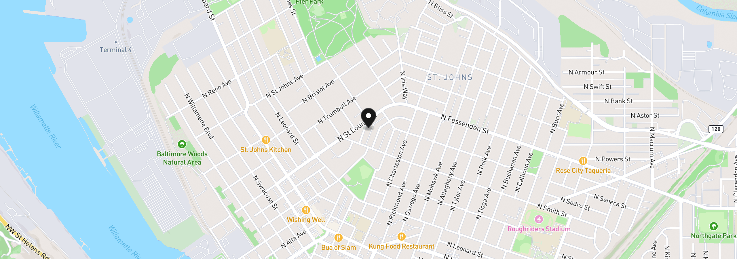 Map showing the location of 9292 N New York Ave 3, Portland, OR 97203