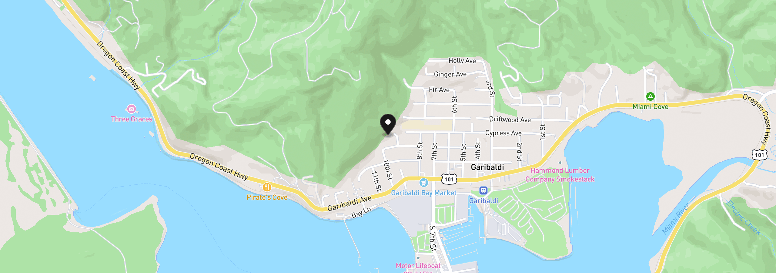 Map showing the location of 305 9th St, Garibaldi, OR 97118