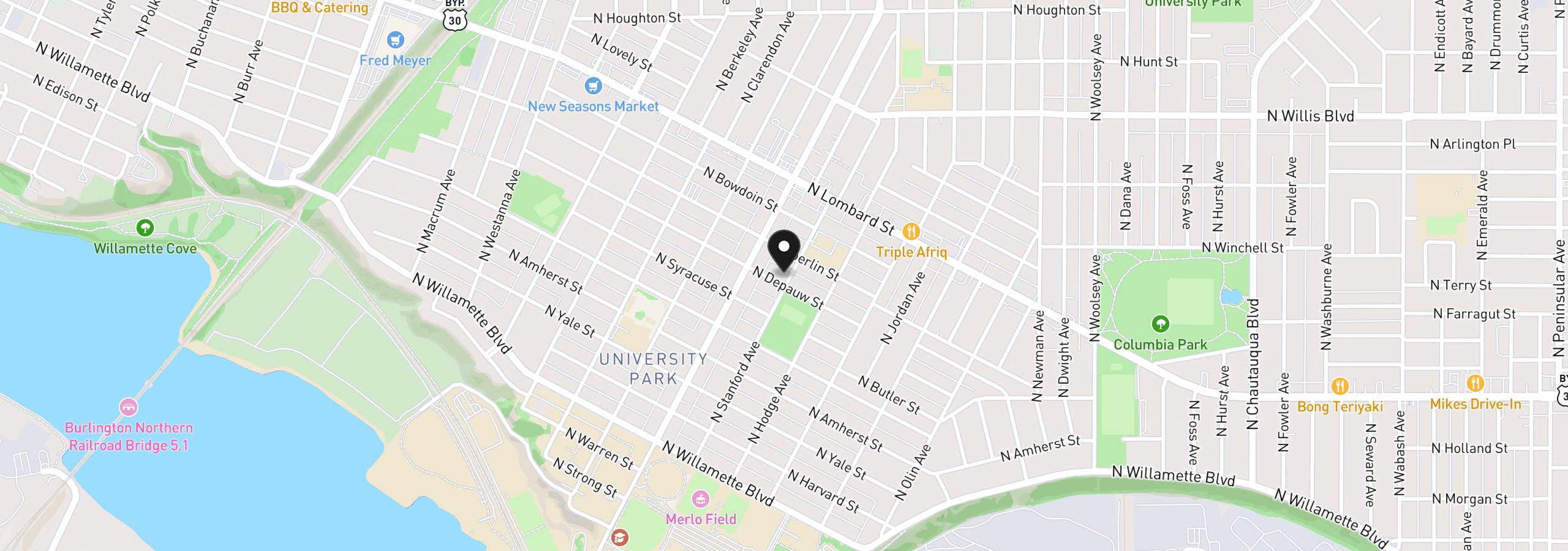 Map showing the location of 7307 N Stanford Ave A, Portland, OR 97203
