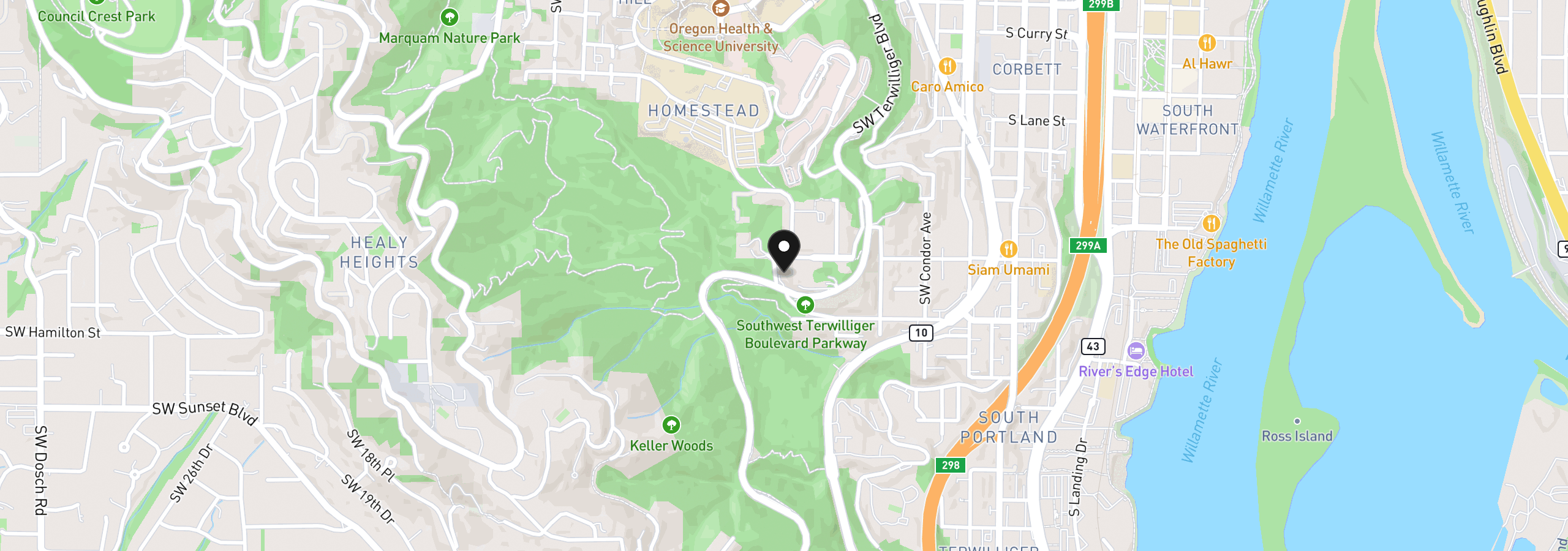 Map showing the location of 4391 SW Terwilliger Blvd, Portland, OR 97239