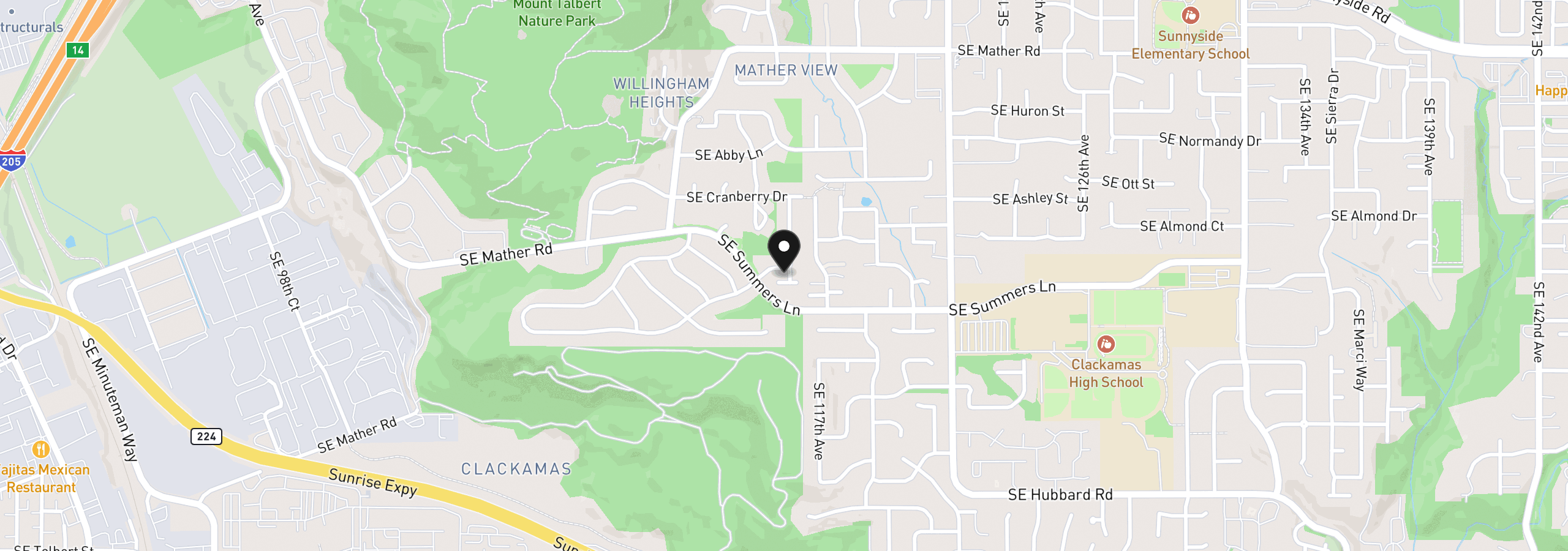 Map showing the location of 11596 SE Springcrest Dr, Clackamas, OR 97015