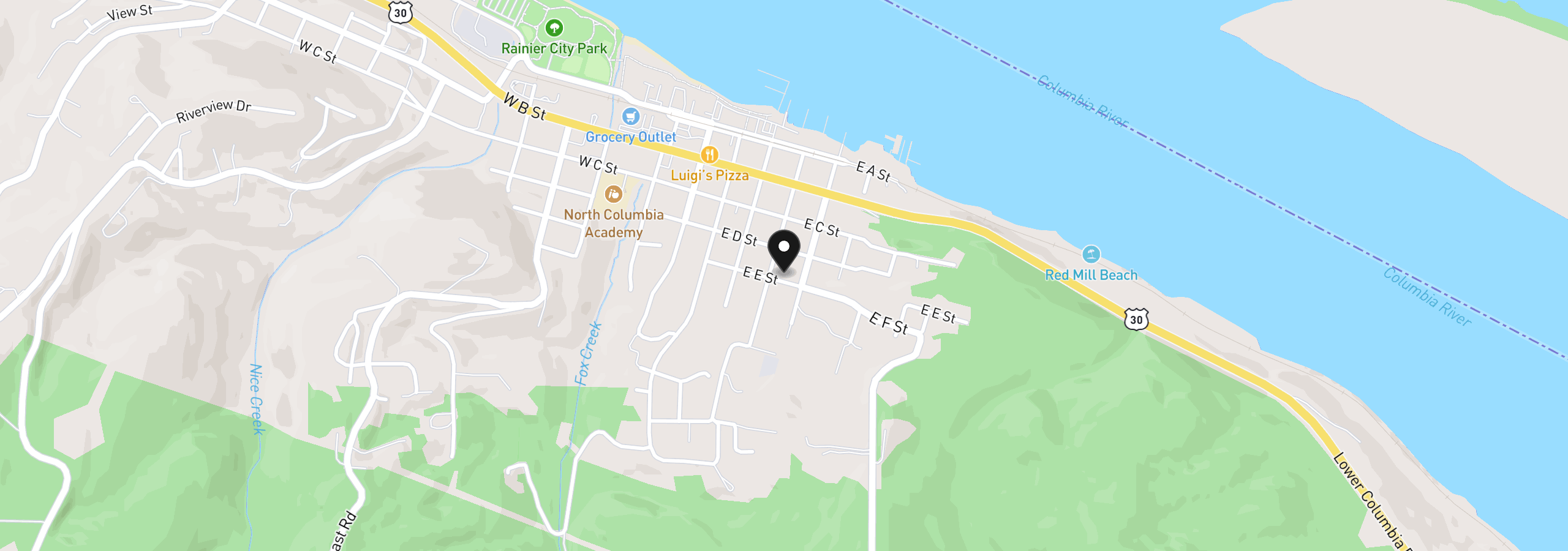 Map showing the location of 411 E E St, Rainier, OR 97048