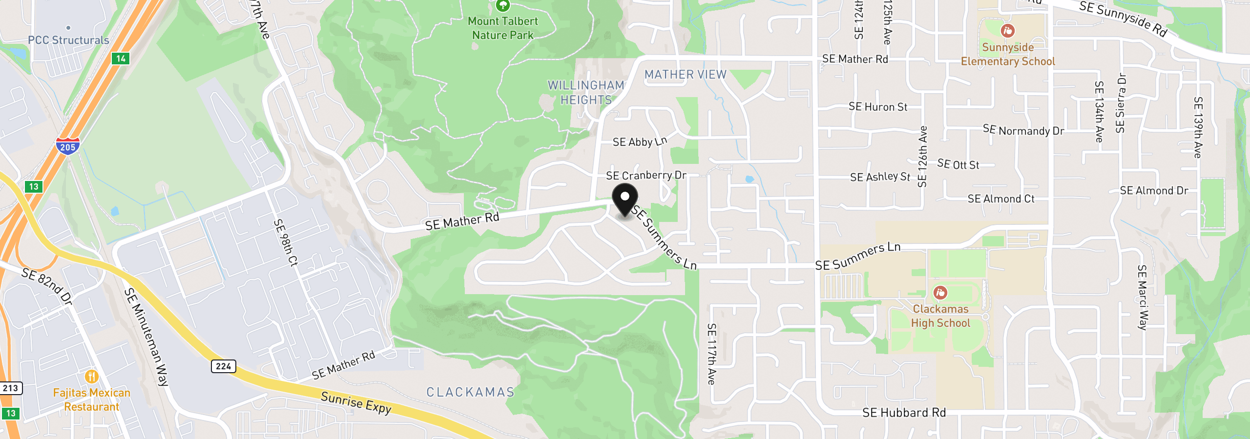 Map showing the location of 14292 SE Meadows Ln, Clackamas, OR 97015