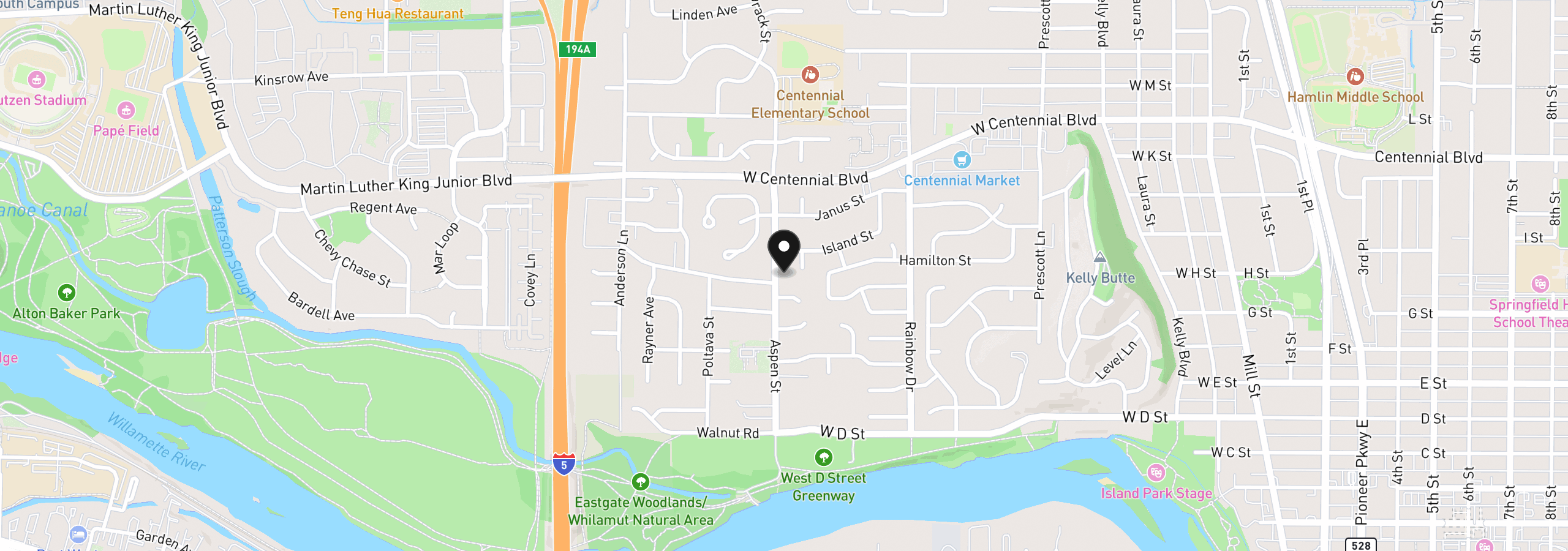 Map showing the location of 885 Aspen St, Springfield, OR 97477