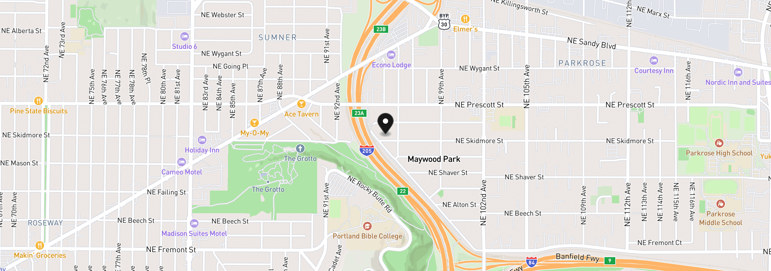 Map showing the location of 9511 NE Skidmore St, Portland, OR 97220