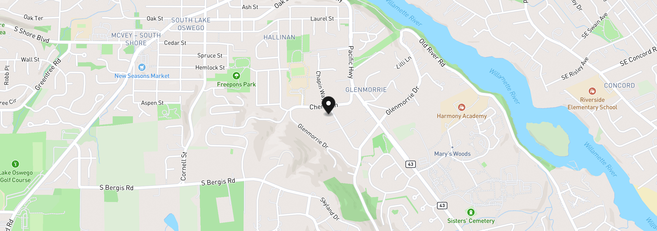 Map showing the location of 16965 Chapin Way, Lake Oswego, OR 97034
