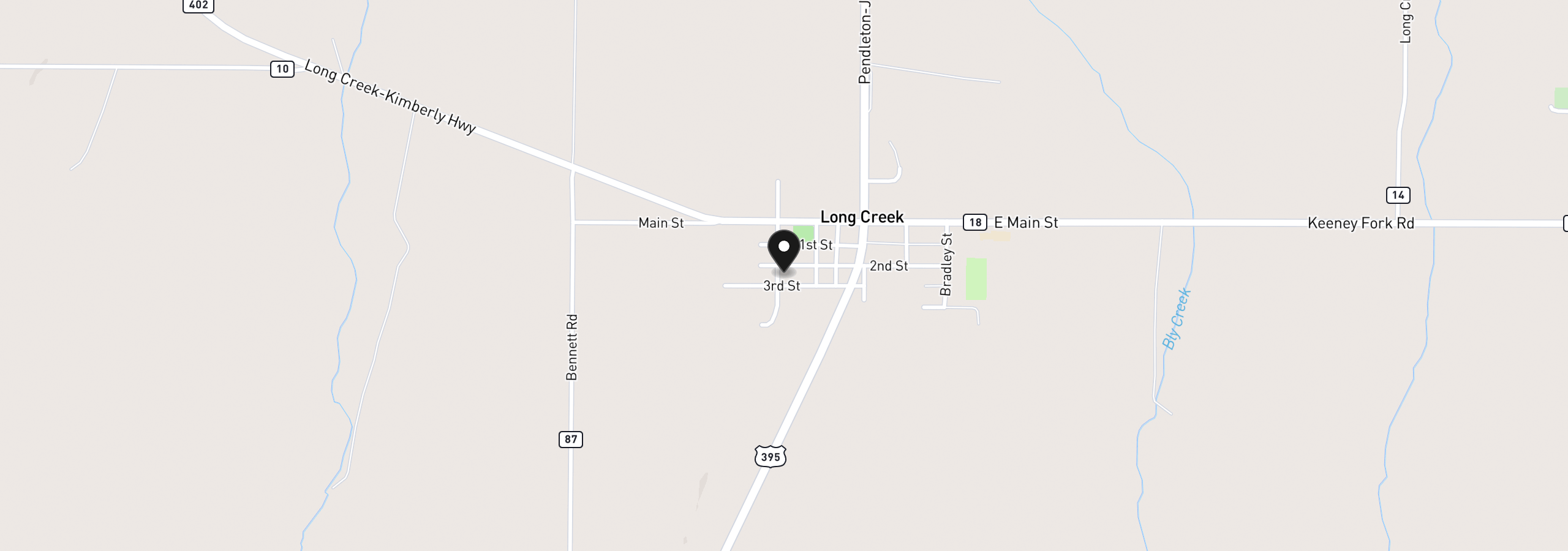 Map showing the location of 345 W 2nd St, Long Creek, OR 97856