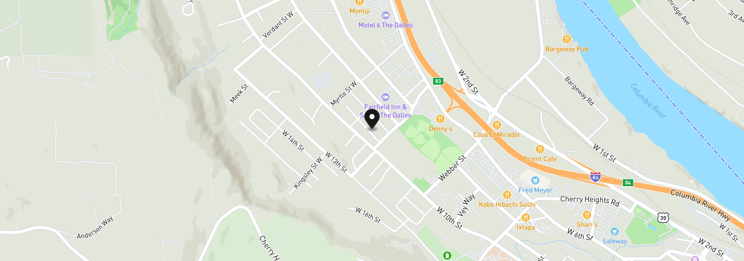 Map showing the location of 2017 W 9th Pl, The Dalles, OR 97058