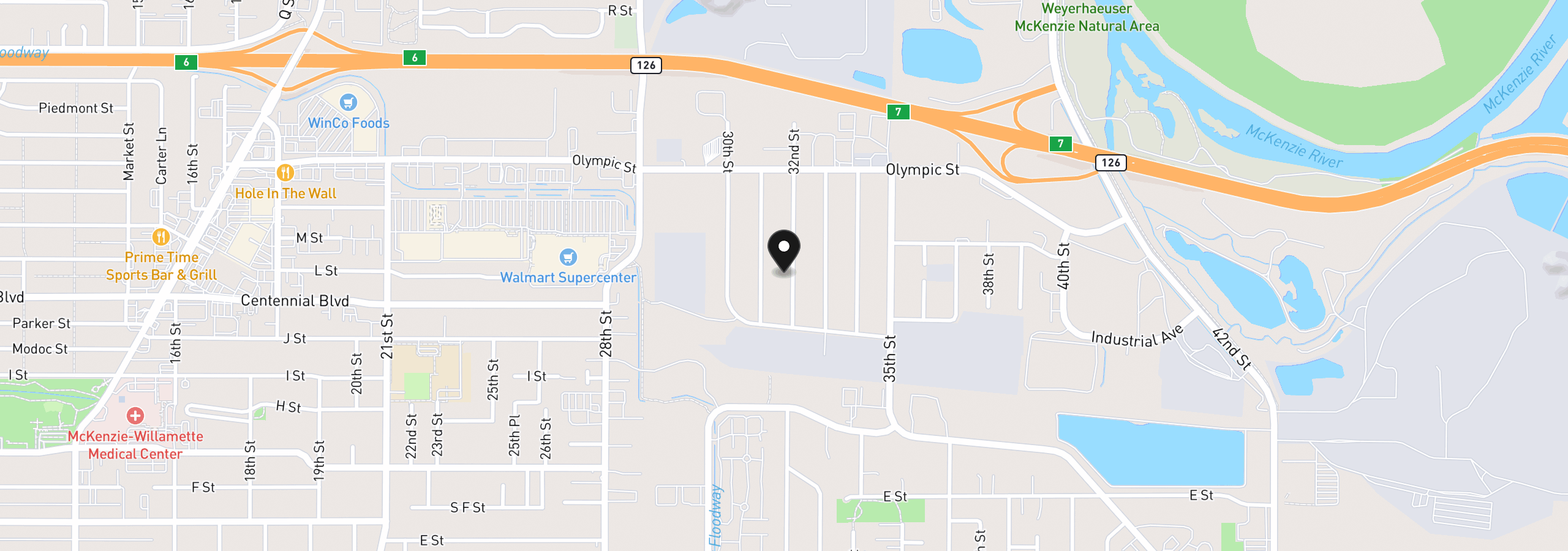 Map showing the location of 1264 32nd St, Springfield, OR 97478