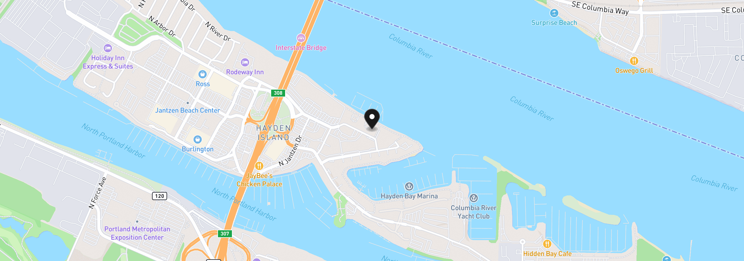 Map showing the location of 707 N Hayden Island Dr 427, Portland, OR 97217
