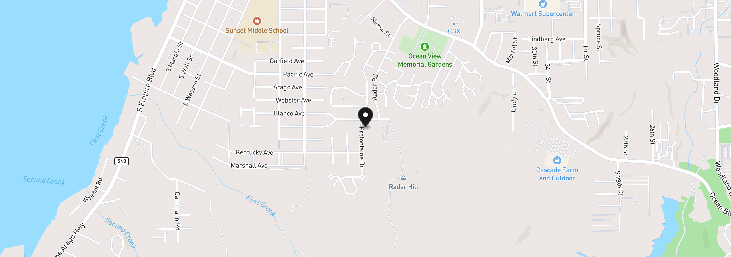Map showing the location of 705 Prefontaine Dr, Coos Bay, OR 97420