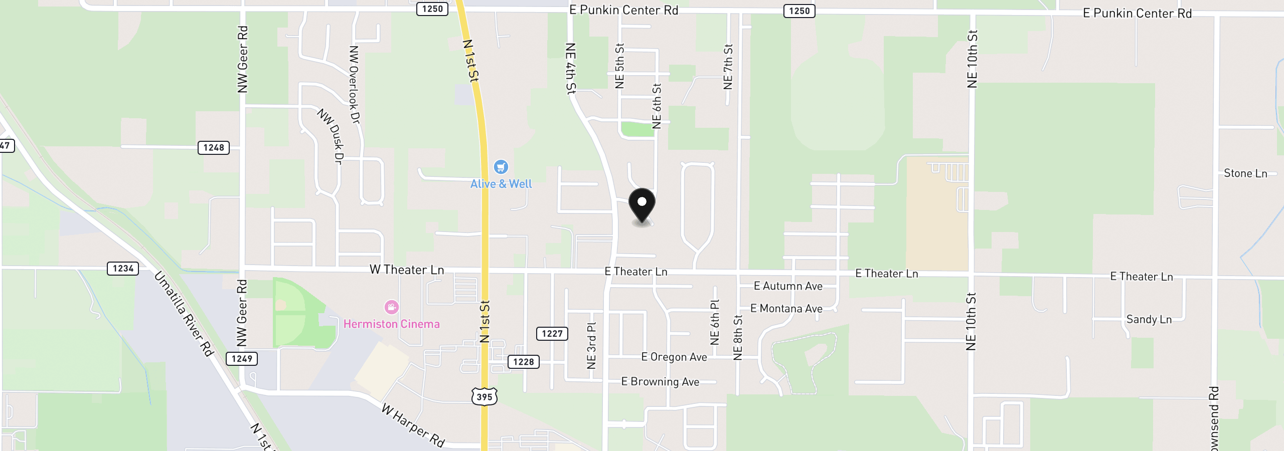 Map showing the location of 436 NE Skyview Ct, Hermiston, OR 97838