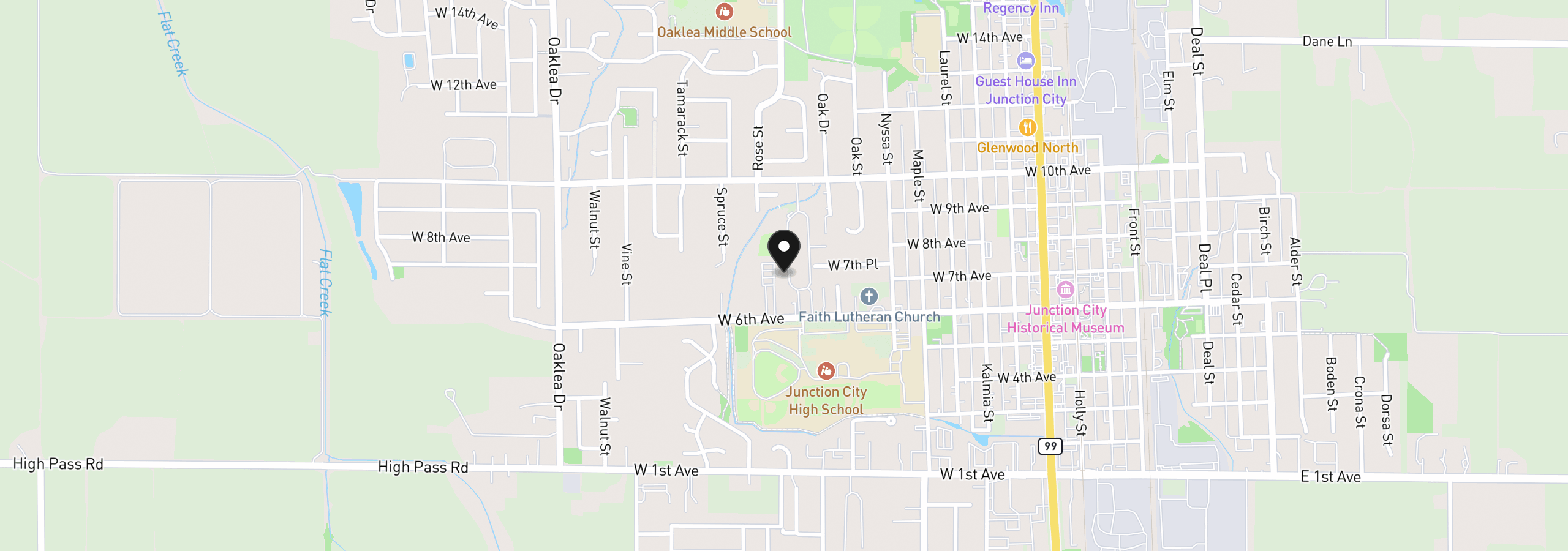 Map showing the location of 1225 W 10th Ave #50, Junction City, OR 97448