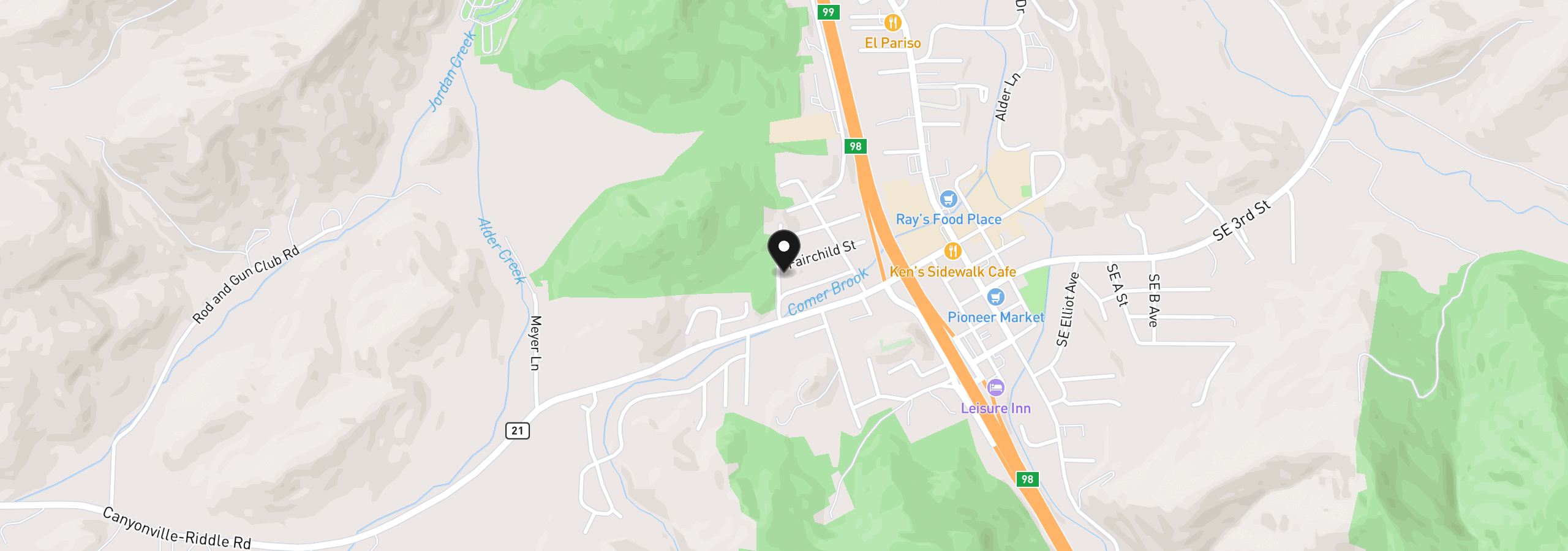 Map showing the location of 611 Fairchild St, Canyonville, OR 97417