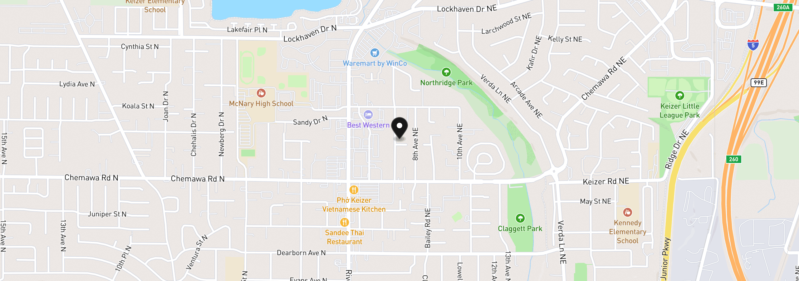 Map showing the location of 5130 7th Ave, Keizer, OR 97303