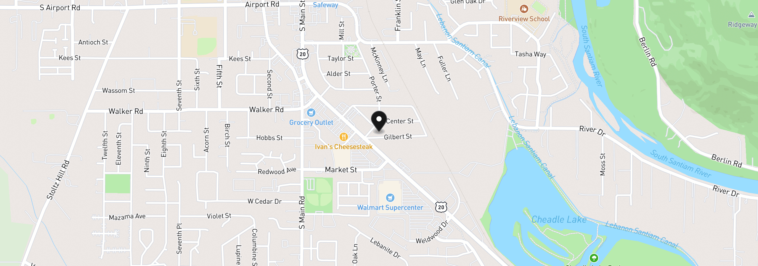 Map showing the location of 299 Gilbert St, Lebanon, OR 97355