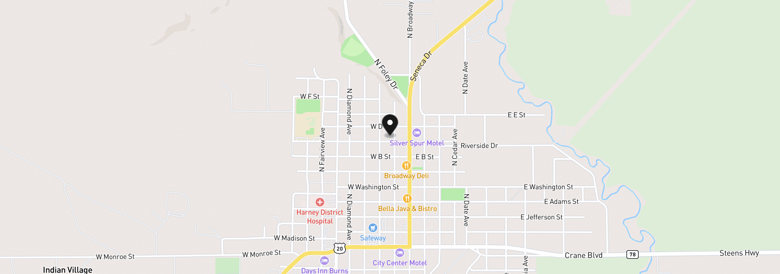 Map showing the location of 736 N Alvord Ave, Burns, OR 97720