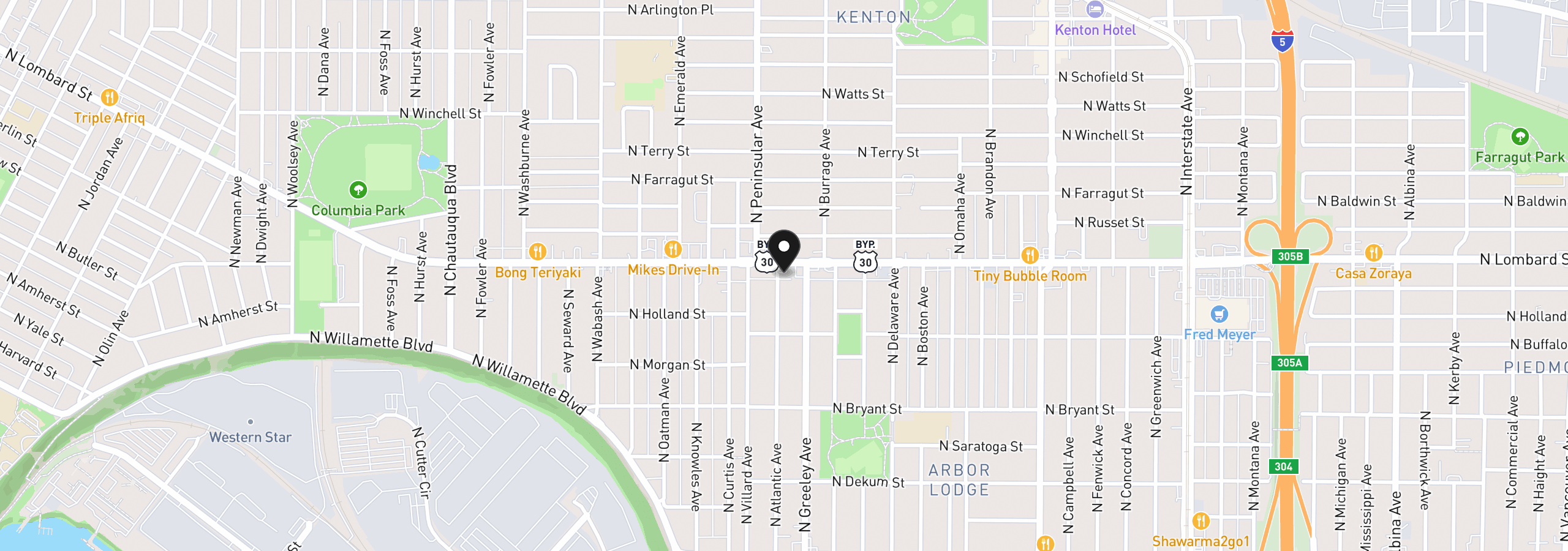 Map showing the location of 7360 N Atlantic Ave 4, Portland, OR 97217