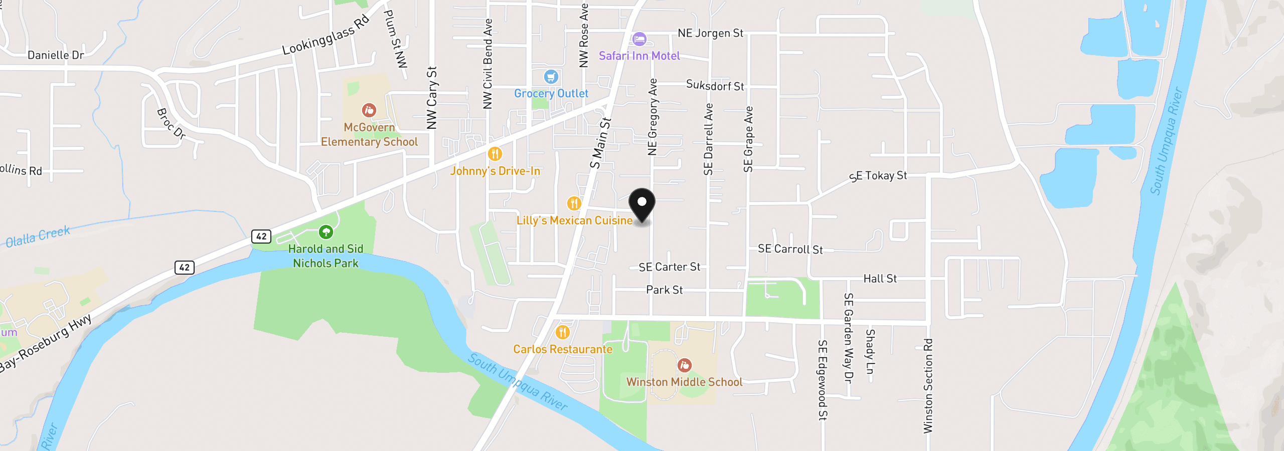 Map showing the location of 381 SE Gregory Dr, Winston, OR 97496