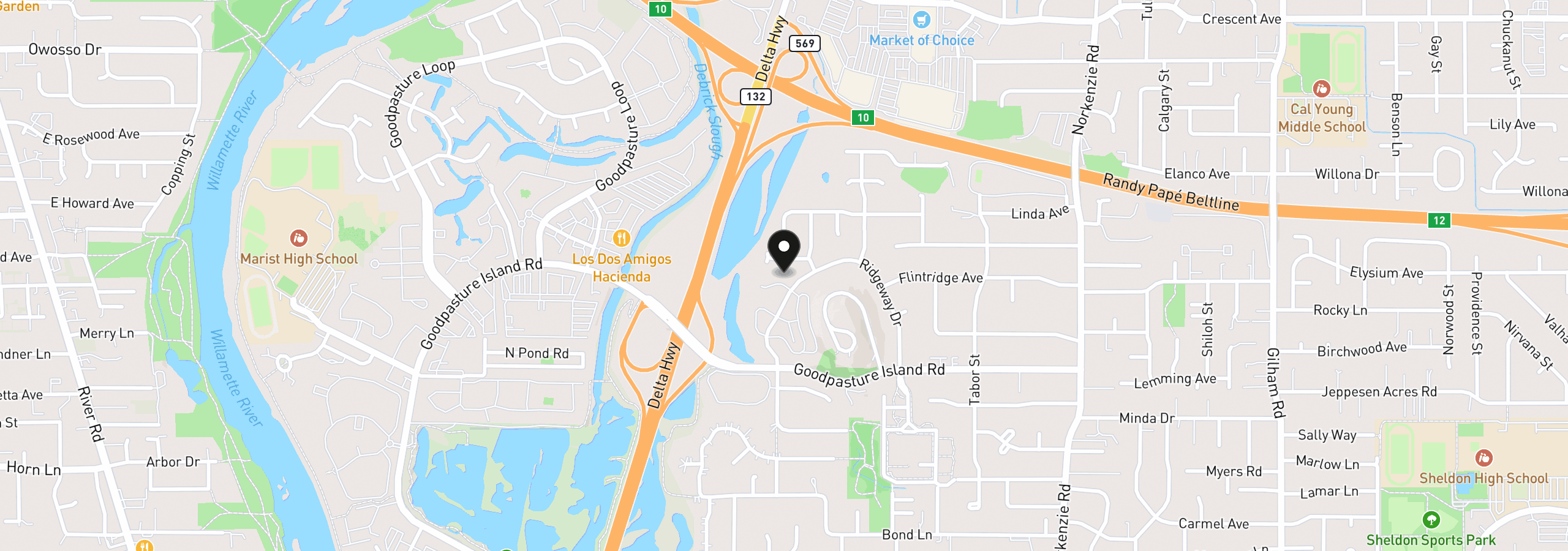 Map showing the location of 2204 Ridgeway Dr, Eugene, OR 97401