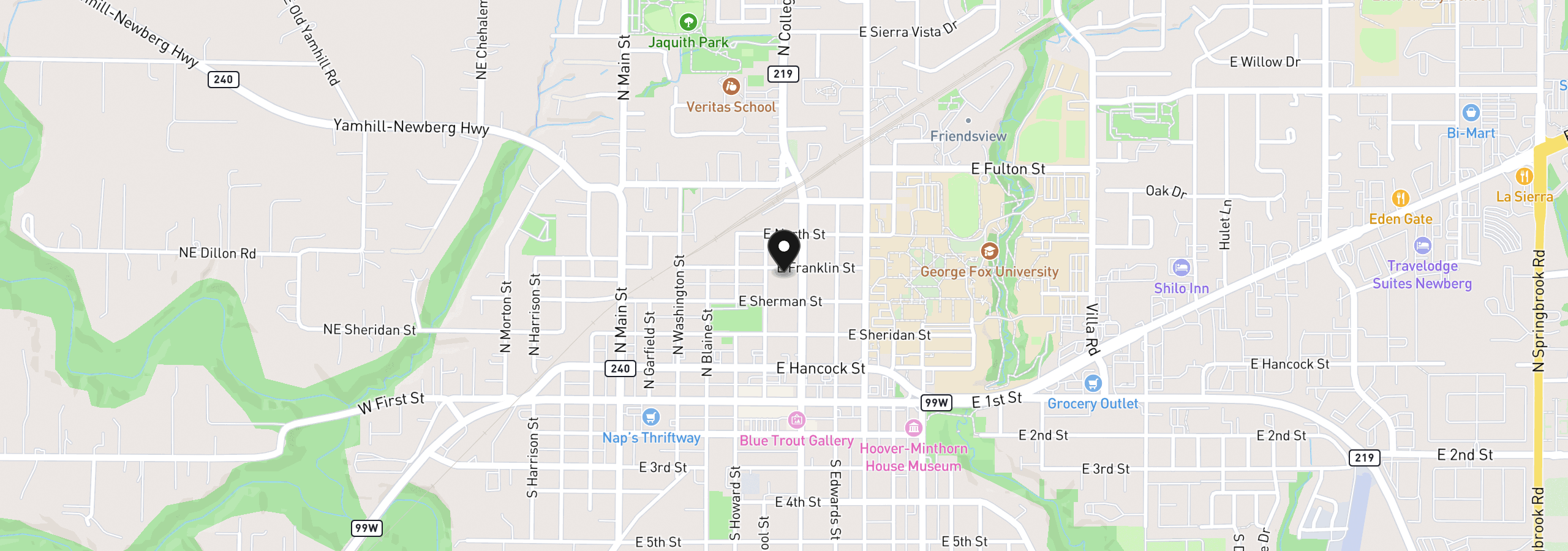 Map showing the location of 606 E Franklin St, Newberg, OR 97132