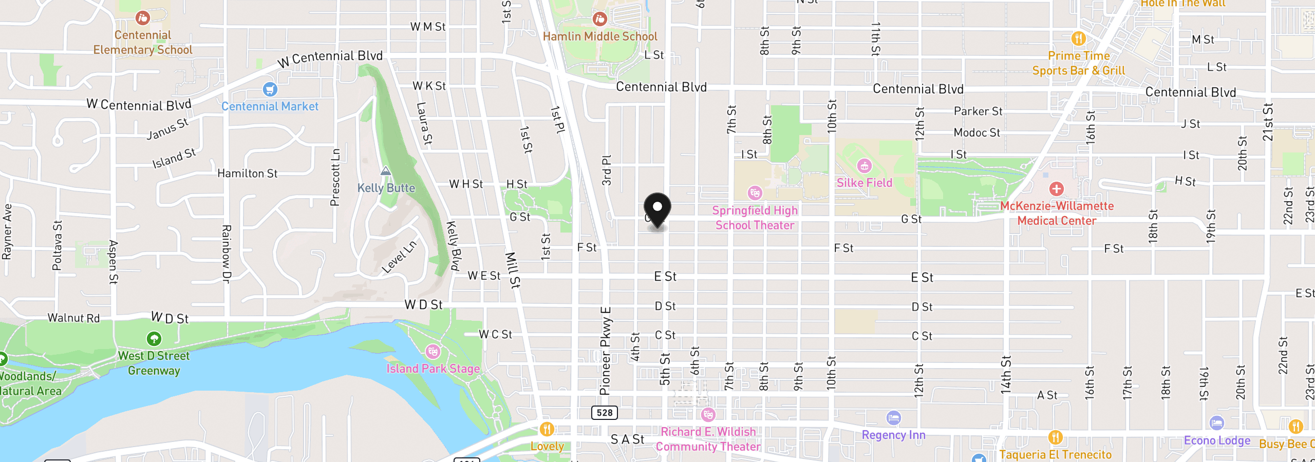 Map showing the location of 736 5th St, Springfield, OR 97477