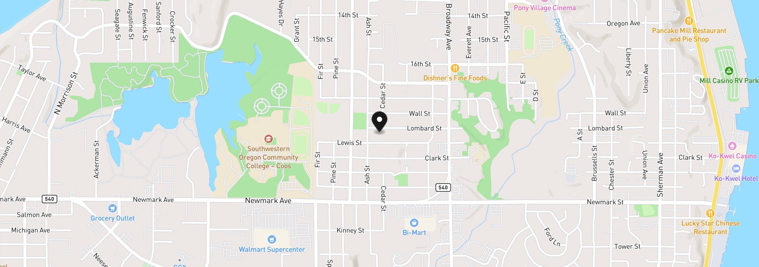 Map showing the location of 2307 Lombard St, North Bend, OR 97459