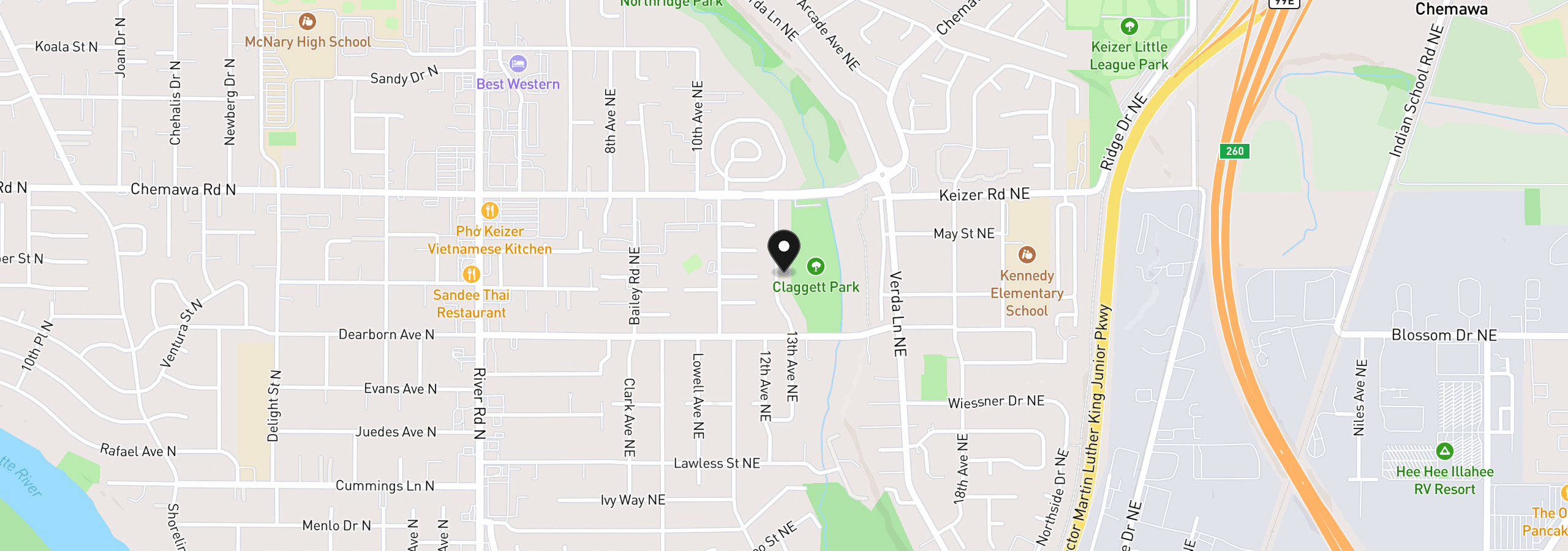 Map showing the location of 4888 13th Ave, Keizer, OR 97303