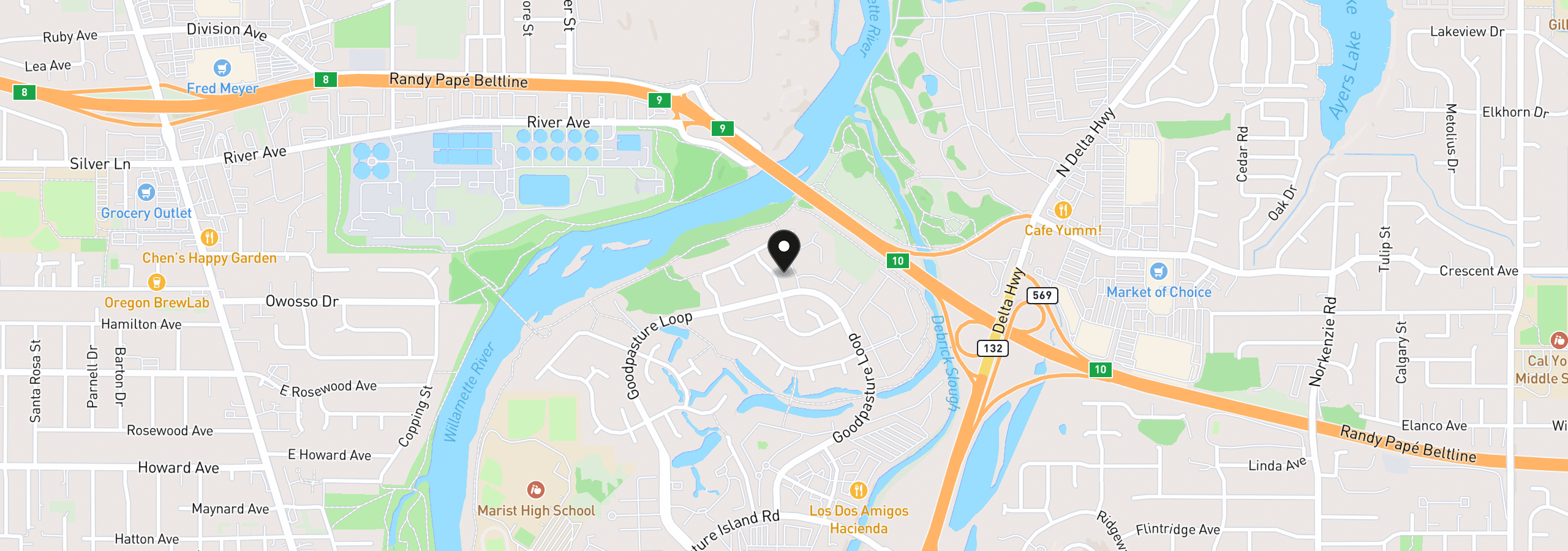 Map showing the location of 3473 Riverplace Dr, Eugene, OR 97401