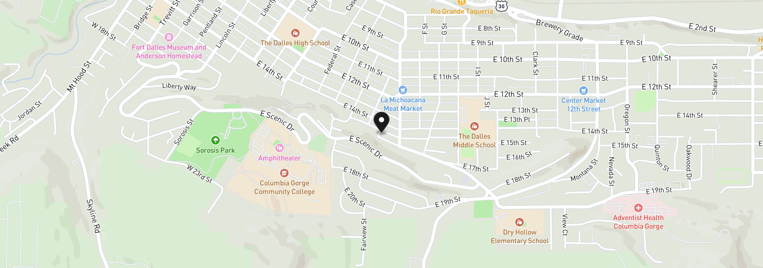 Map showing the location of 720 E 15th St, The Dalles, OR 97058