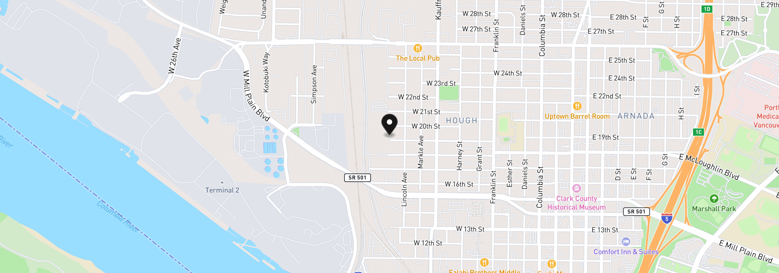 Map showing the location of 1218 W 19th St, Vancouver, Wa 98660