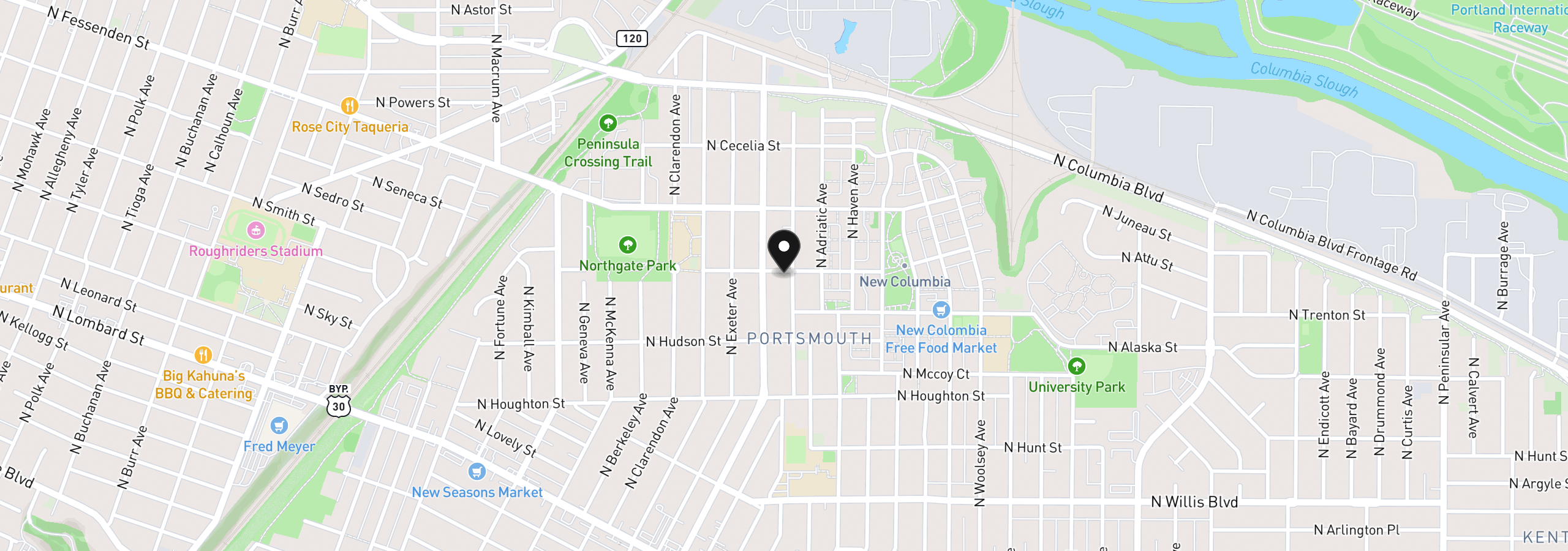 Map showing the location of 9223 N Hodge Ave, Portland, OR 97203