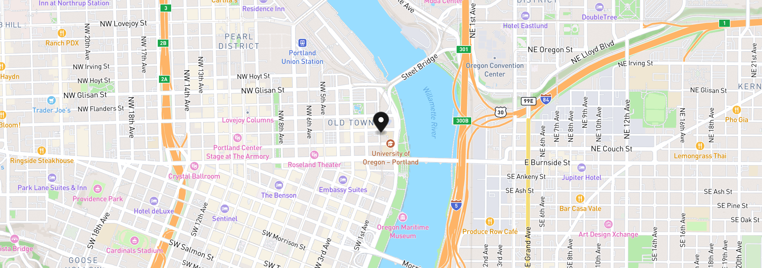 Map showing the location of NW 1st St, Portland, OR 97231