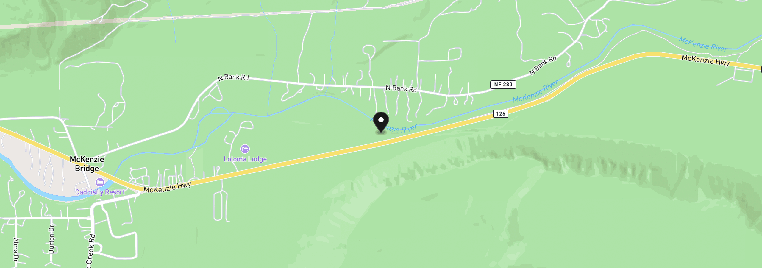 Map showing the location of 56955 McKenzie Hwy, McKenzie Bridge, OR 97413