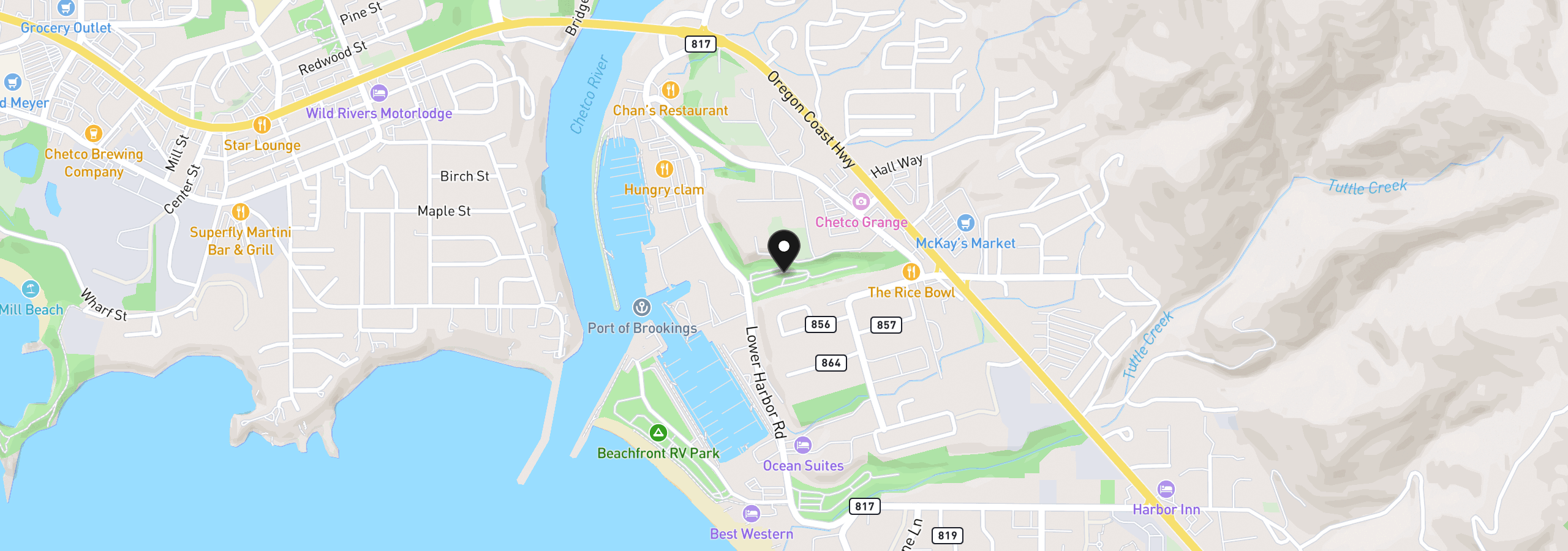 Map showing the location of 16219 Lower Harbor Rd 23, Brookings, OR 97415