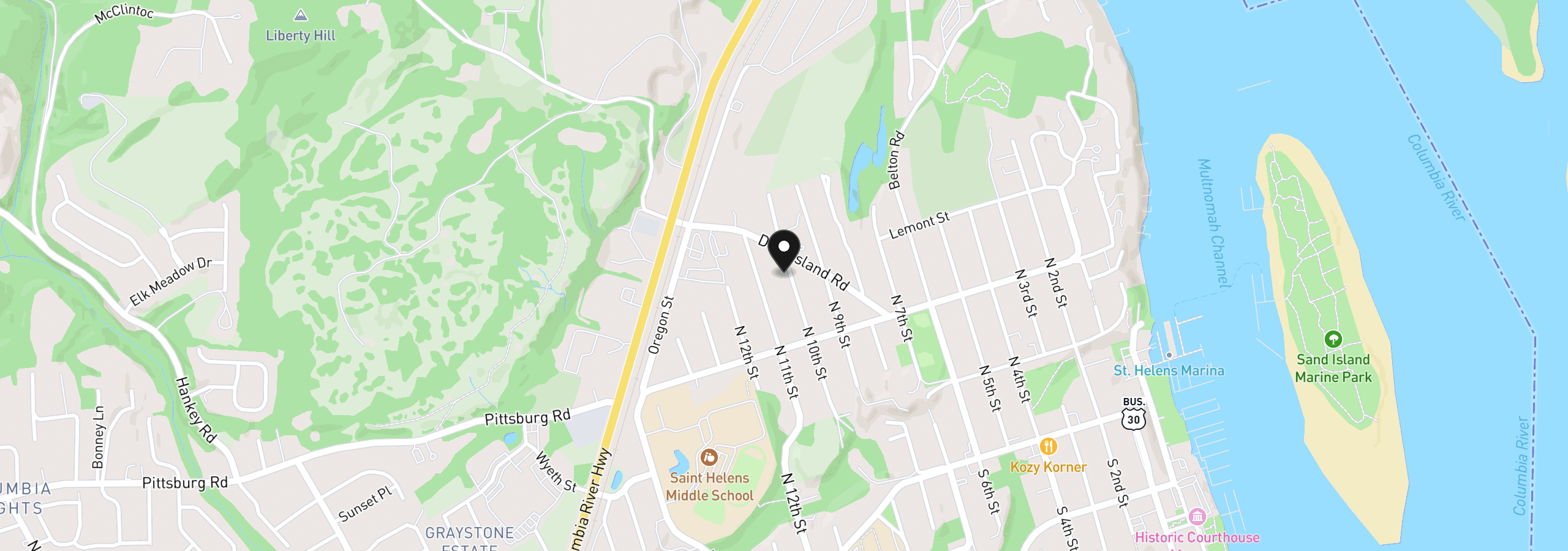 Map showing the location of 499 N 10th St, St. Helens, OR 97051