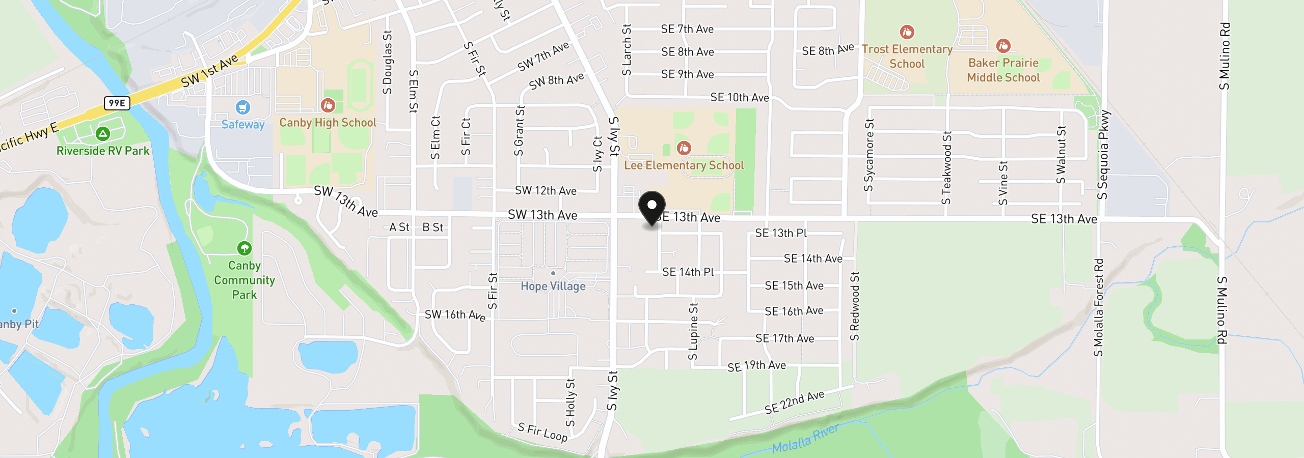 Map showing the location of 1335 S Larch St, Canby, OR 97013
