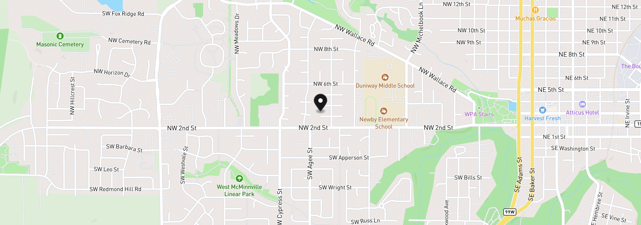 Map showing the location of 1527 NW 3rd St, McMinnville, OR 97128