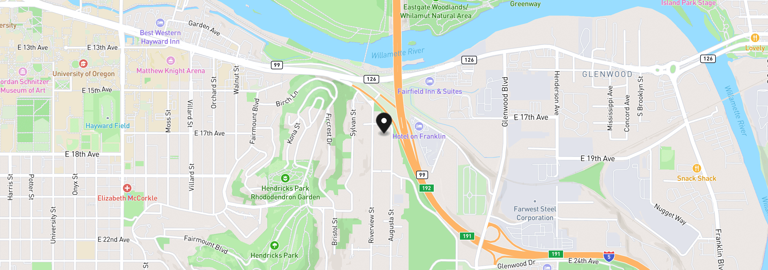Map showing the location of 1652 Augusta Aly, Eugene, OR 97403
