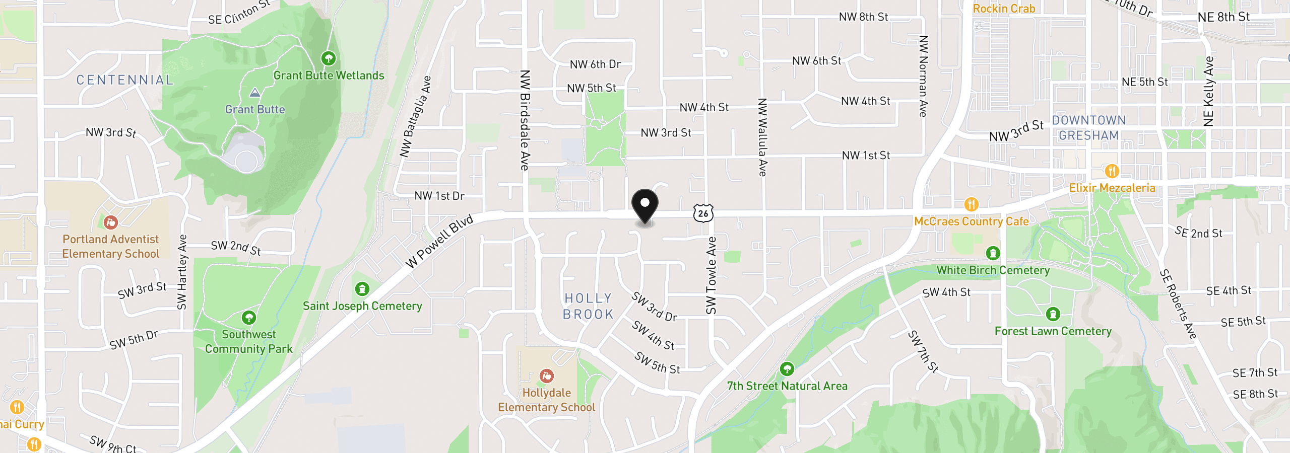 Map showing the location of 50 SW Willowbrook Pl, Gresham, OR 97080