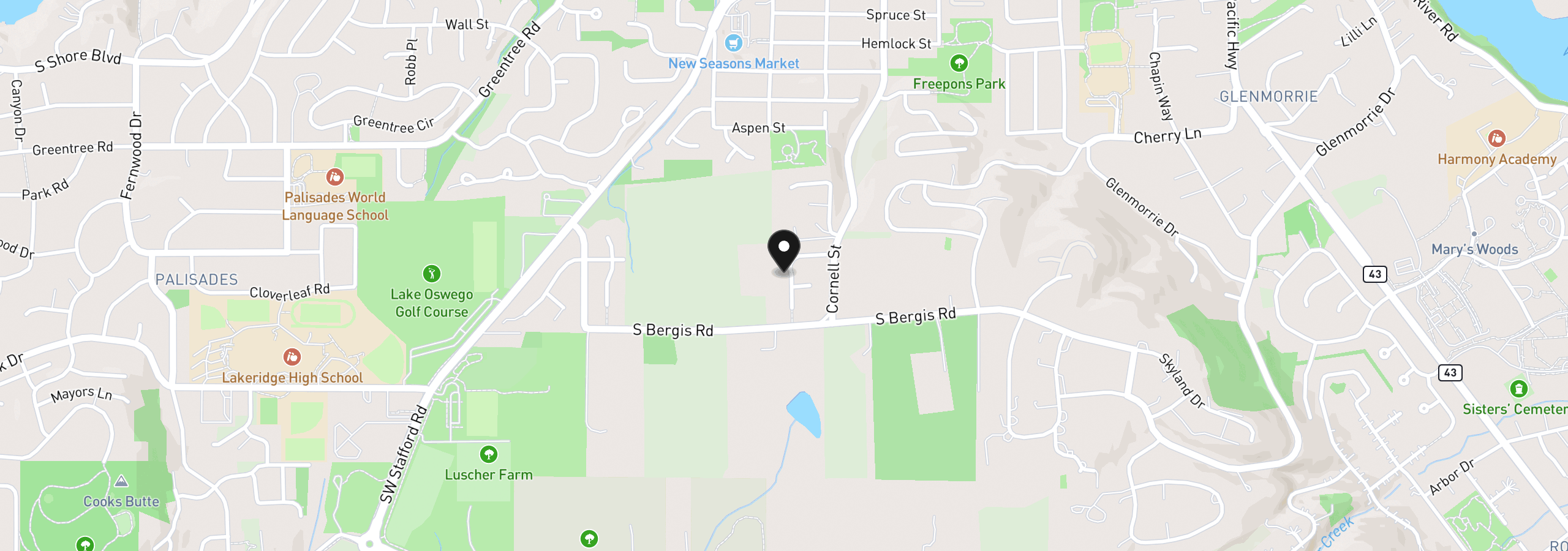 Map showing the location of 17367 Bergis Farm Dr, Lake Oswego, OR 97034