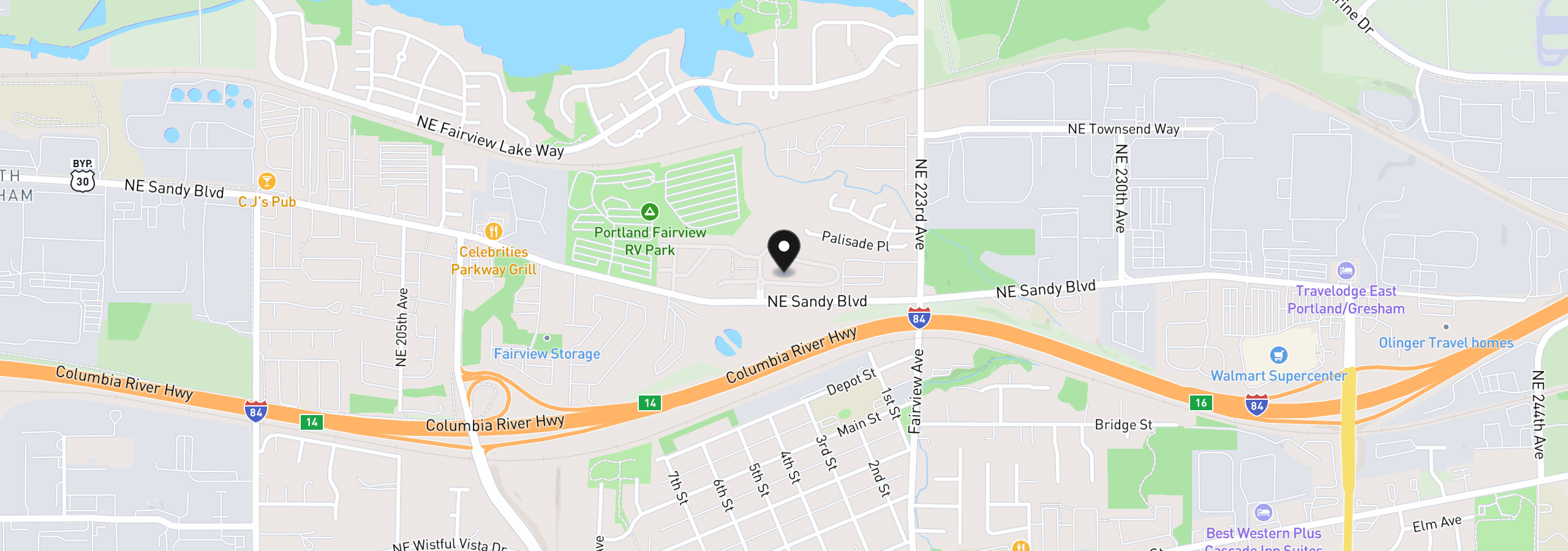 Map showing the location of 21823 NE Larkspur Ln, Fairview, OR 97024