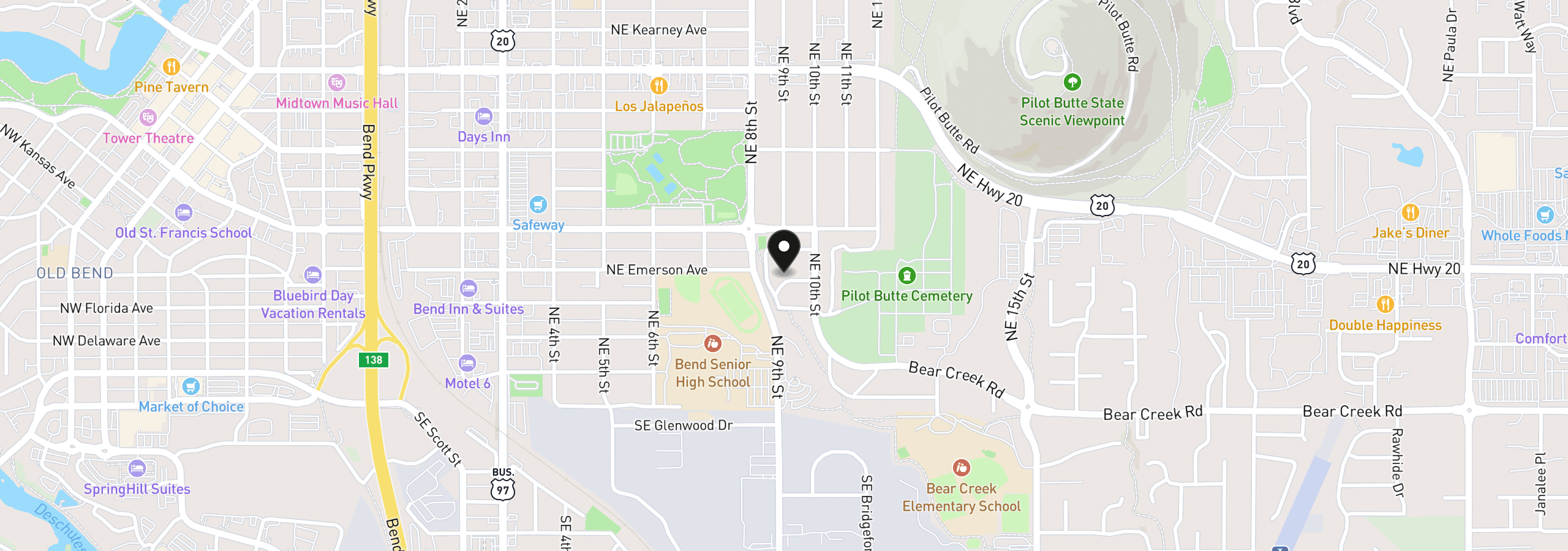 Map showing the location of 914 NE Emerson Ave, Bend, OR 97701