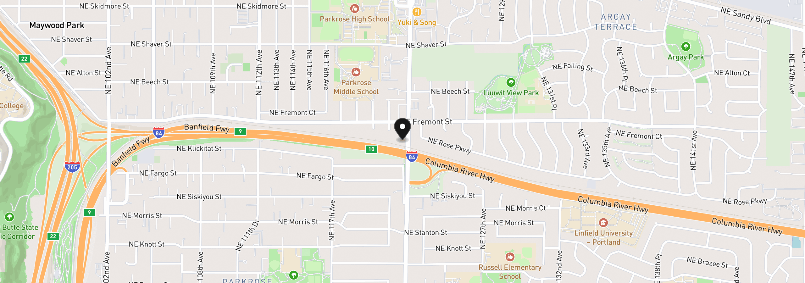 Map showing the location of 12138 NE Fremont St 18, Portland, OR 97220
