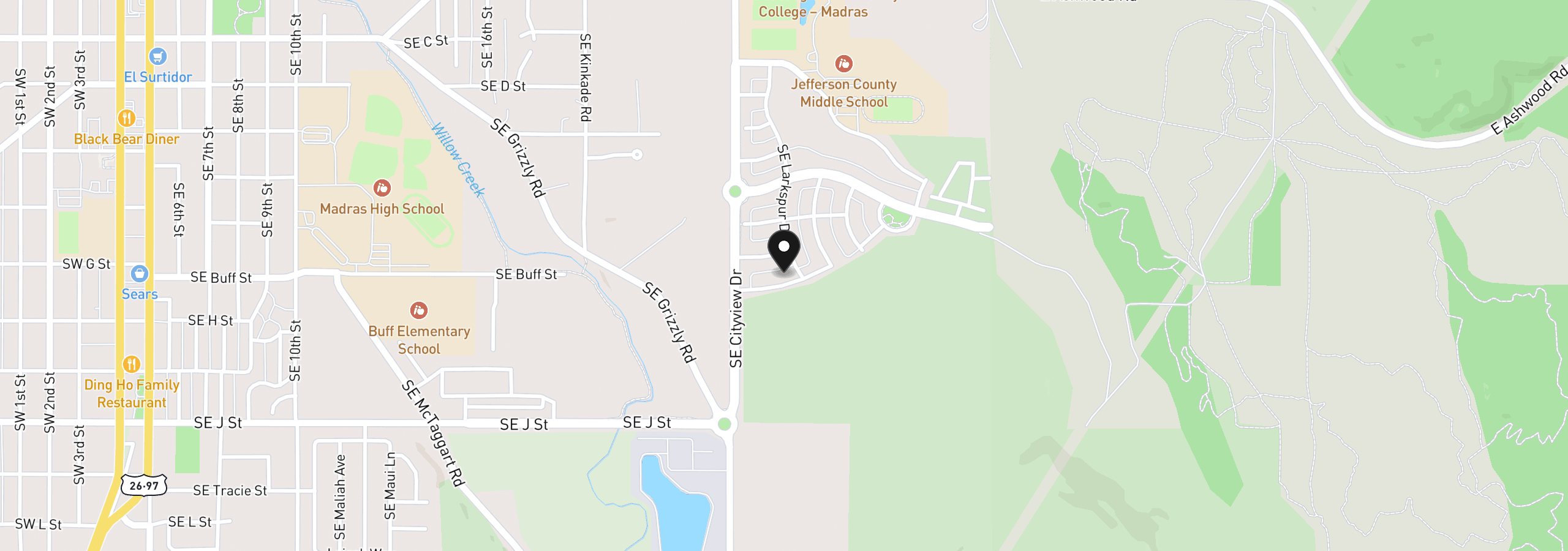 Map showing the location of 1092 SE Bluegrass Ln, Madras, OR 97741
