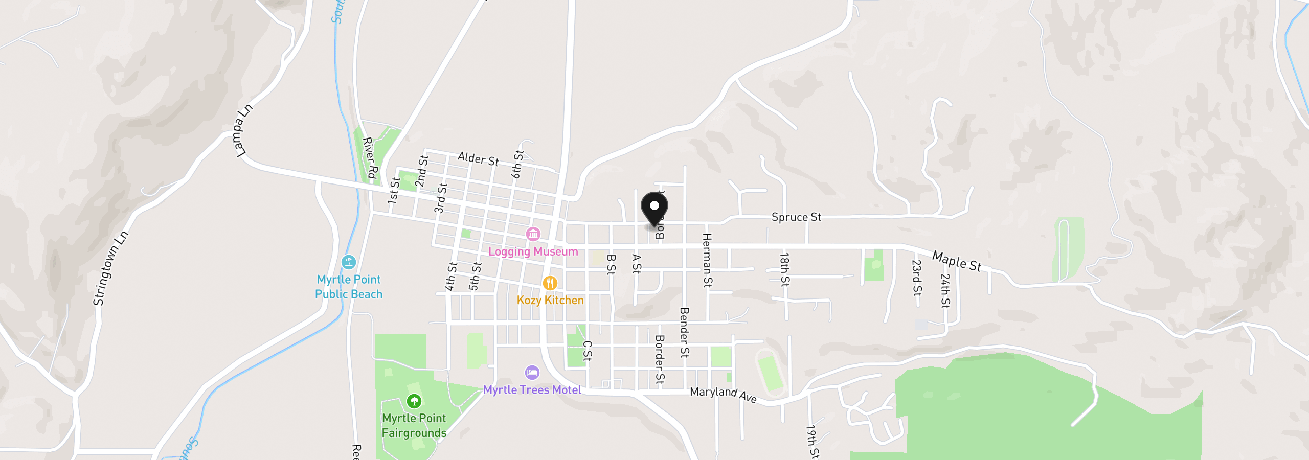 Map showing the location of 1228 Spruce St, Myrtle Point, OR 97458